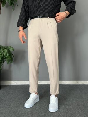 Kemerli Douple Paça Pileli Taş İtalyan Pantolon