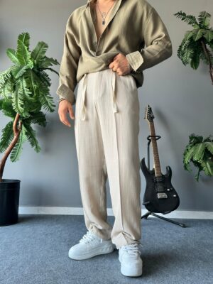 Müslin Kumaş Baggy Kalıp Krem Pantolon