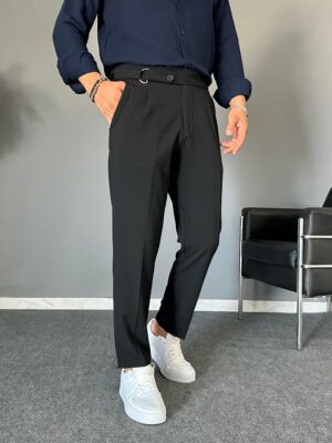 Kuşaklı Regular Kalıp Siyah Pileli Pantolon