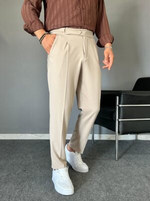 Kuşaklı Regular Kalıp Krem Pileli Pantolon