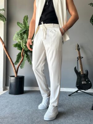 Bağcıklı Regular Fit Pileli Ekru Pamuk Pantolon