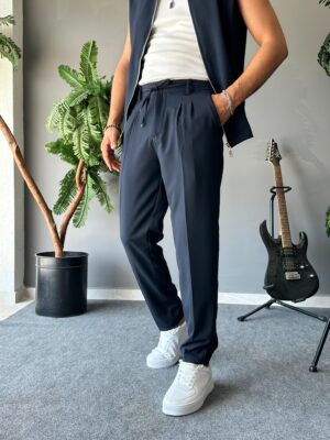 Bağcıklı Regular Fit Pileli Lacivert Pamuk Pantolon