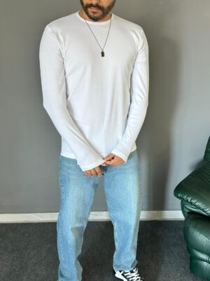 İnci Fitilli Bisiklet Yakalı Beyaz Sweat