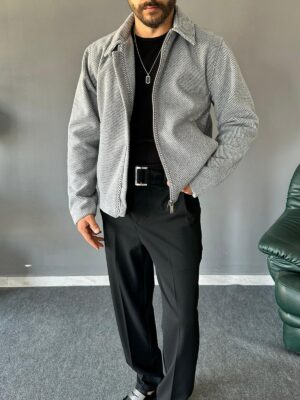 Desenli Kaşe Kumaş Gri Regular Ceket