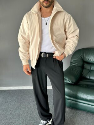 Dik Yakalı Paraşüt Kumaş Krem Bomber Ceket