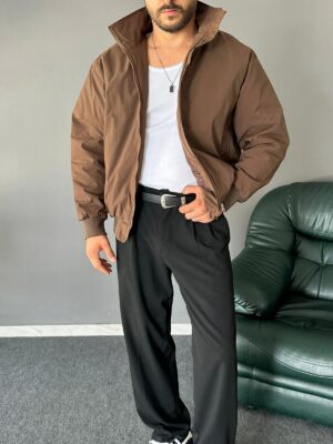 Dik Yakalı Paraşüt Kumaş Kahve Bomber Ceket