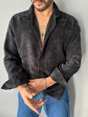 Siyah Kadife Kumaş Oversize Gömlek