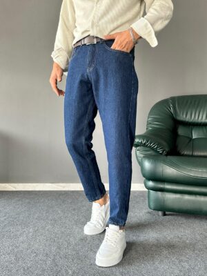 Koyu Mavi Boyfriend Kalıp Kemerli Jean