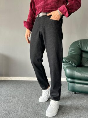 Desenli Siyah Boyfriend Kalıp Kemerli Jean