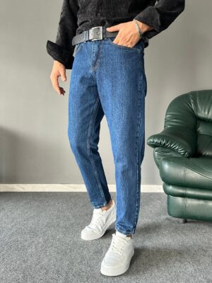 Damarlı Koyu Mavi Boyfriend Kalıp Kemerli Jean