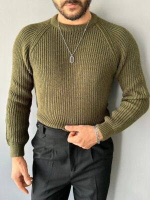 Omuz Detaylı Örme Haki Regular Kazak