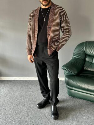 Old Money Çizgili Desenli Kemik Düğme Kahve Hırka