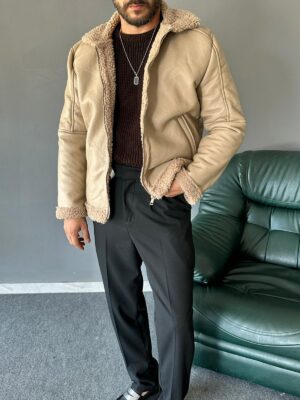 İçi Kürklü Dik Yakalı Krem Deri Ceket