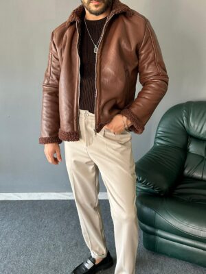 İçi Kürklü Dik Yakalı Kahve Deri Ceket