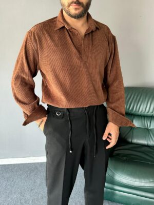 Yarım Pat Kadife Kumaş Kahve Oversize Gömlek
