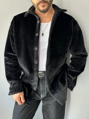 Tüylü Kaşe Kumaş Siyah Gömlek-Ceket