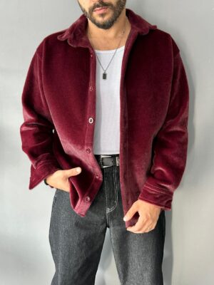 Tüylü Kaşe Kumaş Bordo Gömlek-Ceket