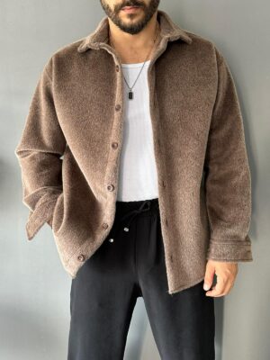 Tüylü Kaşe Kumaş Kahve Gömlek-Ceket