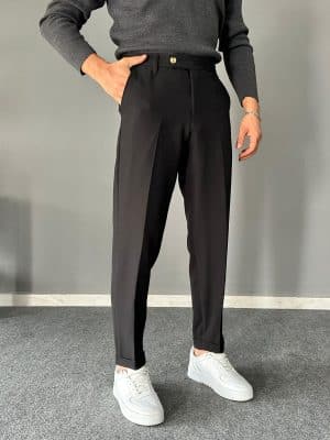 Siyah Kısa Dil Detaylı Double Paça Pantolon