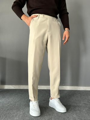 Krem Kısa Dil Detaylı Double Paça Pantolon