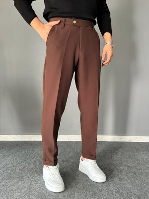 Kahve Kısa Dil Detaylı Double Paça Pantolon
