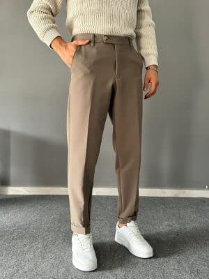 Haki Yeşil Kısa Dil Detaylı Double Paça Pantolon