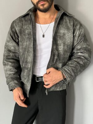 Eskitme Desenli Siyah Bomber Deri Mont