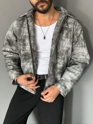 Eskitme Desenli Gri Bomber Deri Mont
