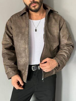 Eskitme Desenli Kahve Bomber Deri Mont