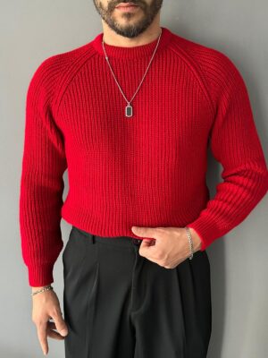 Omuz Detaylı Örme Kırmızı Regular Kazak