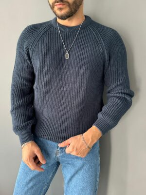 Omuz Detaylı Örme İndigo Regular Kazak