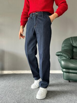 Lacivert Kontrast Dikiş Detaylı Baggy Jean