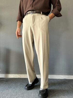 Krem Süper Baggy Kemerli Pantolon