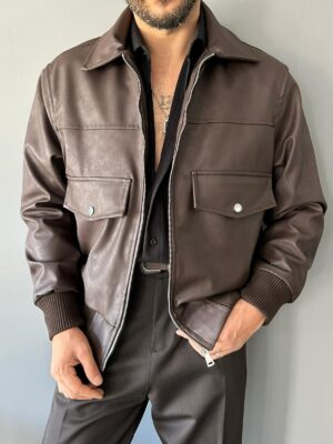 Cep Detaylı Premium Kahve Deri Mont