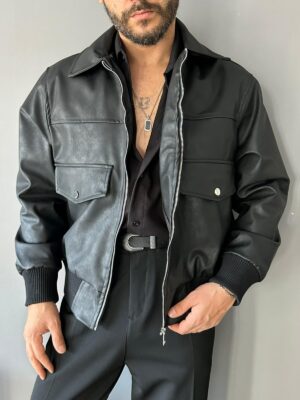 Cep Detaylı Premium Siyah Deri Mont