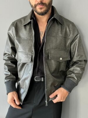 Cep Detaylı Premium Desenli Füme Deri Mont