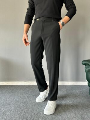 Regular Kalıp Kısa Dil Detaylı Siyah Pamuk Pantolon