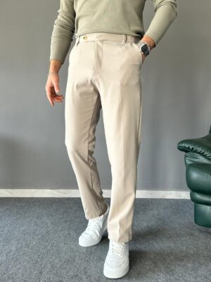 Regular Kalıp Kısa Dil Detaylı Krem Pamuk Pantolon