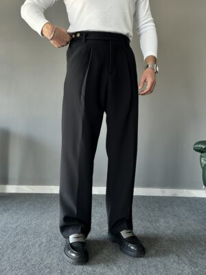 Tek Pileli Uzun Dil Detaylı Siyah Baggy Pantolon