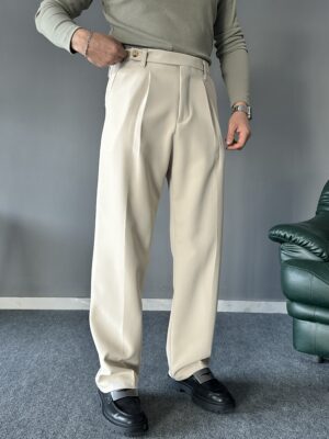 Tek Pileli Uzun Dil Detaylı Krem Baggy Pantolon