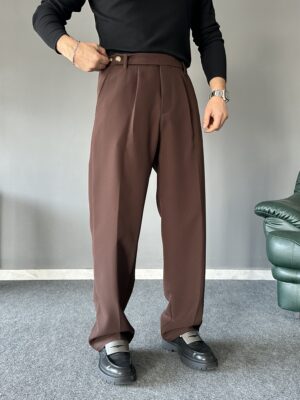 Tek Pileli Uzun Dil Detaylı Kahve Baggy Pantolon