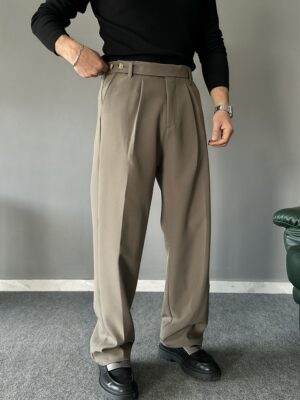 Tek Pileli Uzun Dil Detaylı Haki Baggy Pantolon