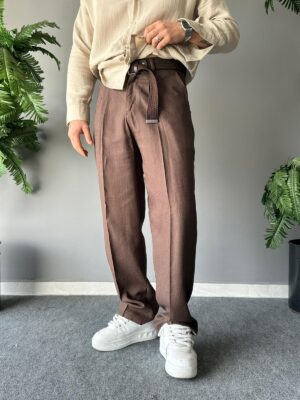 Baggy Ham Keten Kahve Bol Kemerli Pantolon
