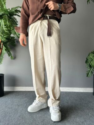 Baggy Ham Keten Bej Bol Kemerli Pantolon