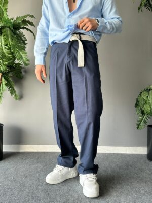 Baggy Ham Keten Lacivert Bol Kemerli Pantolon