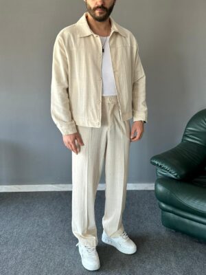 Düğmeli Yan Cep Detaylı Baggy Krem Takım