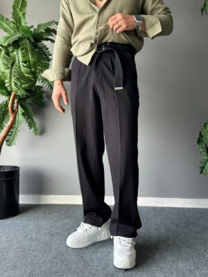 Baggy Ham Keten Siyah Bol Kemerli Pantolon