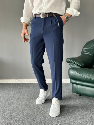 Pile Detaylı Kemerli Lacivert İtalyan Kesim Pantolon