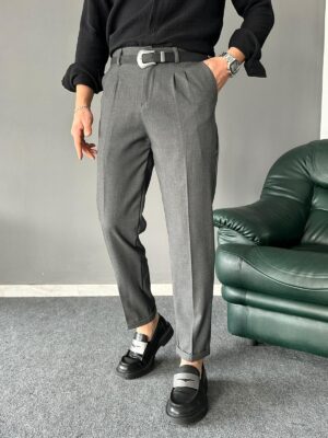 Pile Detaylı Kemerli Antrasit İtalyan Kesim Pantolon
