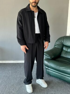 Düğmeli Yan Cep Detaylı Baggy Siyah Takım